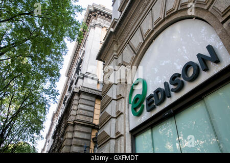 A logo sign outside of the headquarters of Edison S.p.A. in Milan, Italy on September 3, 2016. Stock Photo