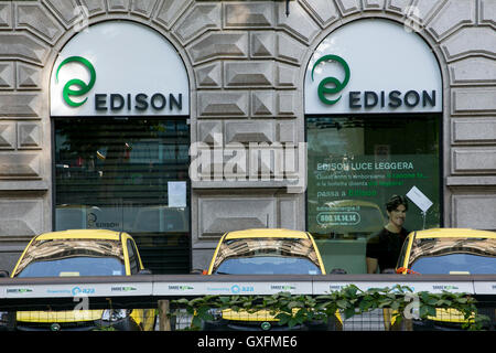 A logo sign outside of the headquarters of Edison S.p.A. in Milan, Italy on September 3, 2016. Stock Photo