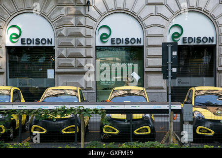 A logo sign outside of the headquarters of Edison S.p.A. in Milan, Italy on September 3, 2016. Stock Photo