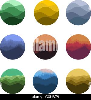 Isolated abstract colorful round shape wild nature silhouettes logo set. Natural environment logotypes collection. Beautiful landscapes icons. Vector illustration. Stock Vector