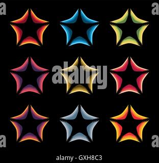 Isolated abstract colorful stars contour logo set on the black baackground. Rating element logotypes collection. Celebrities symbol. Decorative signs. Vector illustration. Stock Vector