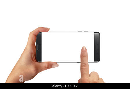 Taking photo with modern smart phone with blank screen for mockup. Woman hold phone in horizontal position. Isolated background. Stock Photo