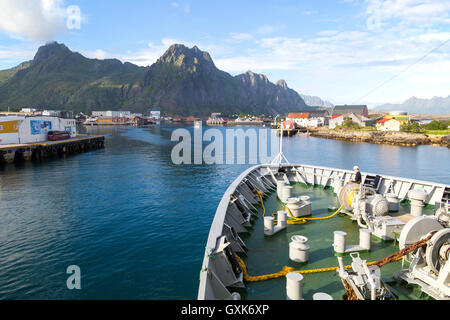 Hurtigruten ferry ship arriving at harbour at Svolvaer, Lofoten Islands, Nordland, Norway Stock Photo