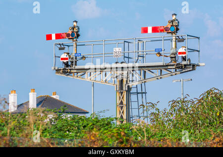 Semaphore stop signals on a British railway, both in the stop position, in England, UK. Stock Photo