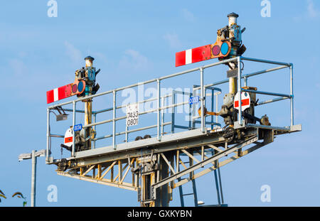 Old style semaphore stop signals on a British railway, both in the stop position, in England, UK. Stock Photo