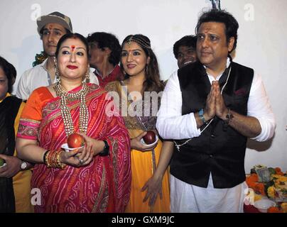 Bollywood actor Govinda Sunita Ahuja, daughter Tina Ahuja son Yashvardan Ahuja Ganesh Chaturthi celebrations in Mumbai Stock Photo