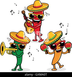 Cartoon hot mariachi peppers wearing sombreros and playing music. Stock Vector