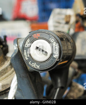 Close up of vintage motorcycle key hole, ignition switch Stock Photo