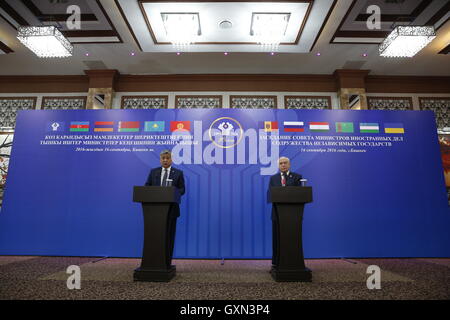 (160916) -- BISHKEK, Sept. 16, 2016 (Xinhua) -- Kyrgyzstan's Foreign Minister Erlan Abdyldaev (L) and head of the Commonwealth of Independent States (CIS) Executive Committee Sergei Lebedev meet media after a meeting of the CIS Foreign Ministers Council in Bishkek, capital of Kyrgyzstan, Sept. 16, 2016. The Commonwealth of Independent States (CIS) Foreign Ministers Council meeting was held in Kyrgyz capital of Bishkek on Friday in the run-up to the CIS Jubilee Summit. The Foreign Ministers of the CIS member states discussed and confirmed the draft documents of the summit to be signed by CIS le Stock Photo