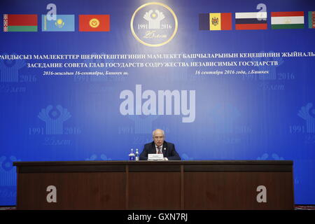 Bishkek, Kyrgyzstan. 16th Sep, 2016. Sergey Lebedev, chairman of the Executive Committee and CIS executive secretary holds a press conference of 25th session of the Commonwealth of Independent States(CIS) Council of Heads of State in Bishkek, Kyrgyzstan, on Sept. 16, 2016. A package of 16 documents was signed here at the 25th session of the Commonwealth of Independent States(CIS) Council of Heads of State on Friday. Four statements on anti-terrorism and other issues were also adopted at the one-day summit, said Sergey Lebedev. © Roman Gainanov/Xinhua/Alamy Live News Stock Photo