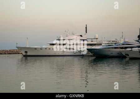Lady Haya super yacht moored in luxury marina, Puerto Banus, sunset ...