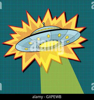 Pop art UFO with light beam Stock Vector