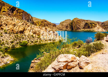Canyon Lake and the Desert Landscape of Tonto National Forest along the Apache Trail in Arizona, USA Stock Photo