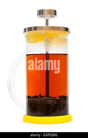 french press with tea on a white background Stock Photo