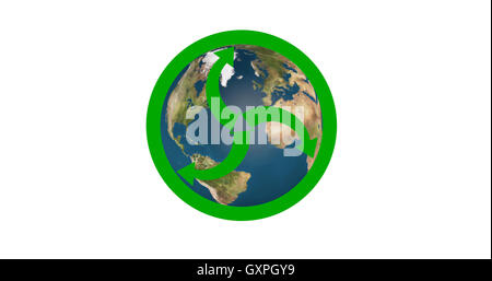 3 Recycle arrow symbols rotating around spinning planet Earth Stock Photo