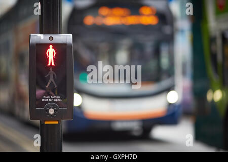 bus pedestrian crossing red man stop   bus queue line queuing  Bus buses stopped double decker fleet coach company fleet livery Stock Photo