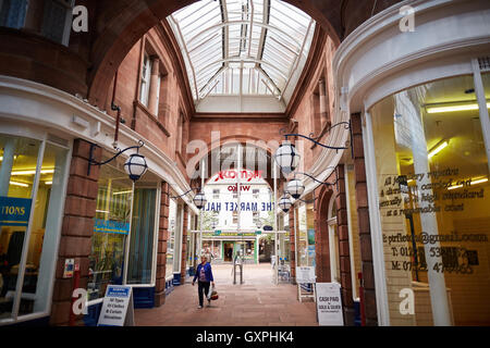 Carlisle historic market indoor hall   Cumbria early Scotch Street  covered Victorian Markets entrance traditional shops fronts Stock Photo