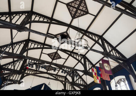 The ornate beamed ceiling of Tavistock Town Hall, designed for the Earl of Bedford by Edward Rundle and opened in 1864. Stock Photo