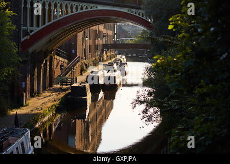 Manchester castleield canal boats      railway viaduct bridge city centre through  architecture golden sunshine sunny home  narr Stock Photo