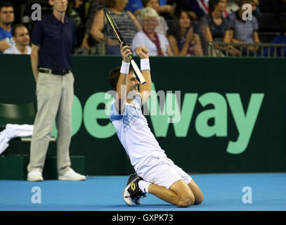 Argentina's Guido Pella celebrates beating Great Britain's Kyle Edmund during day one of the Davis Cup at the Emirates Arena, Glasgow. Stock Photo