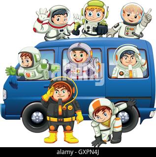 Astronauts riding on blue van illustration Stock Vector