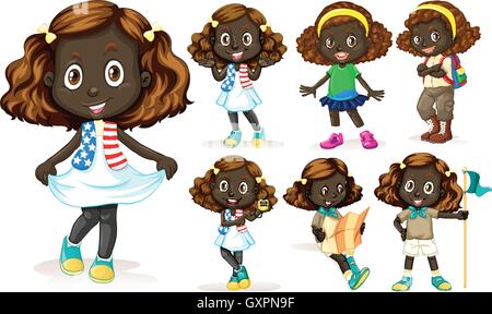 African American girl doing different activities illustration Stock Vector