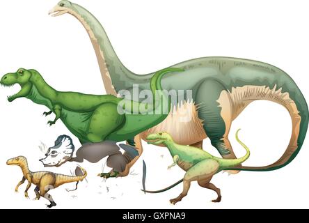 Many dinosaurs on white background illustration Stock Vector