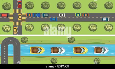 Aerial scene of road full of cars illustration Stock Vector