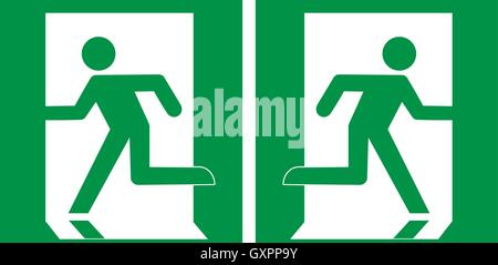 Emergency exit left, Emergency exit right, escape route signs, vector illustration. Stock Vector