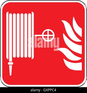 Emergency fire hose reel sign, white fire hose icon on a red square background, vector illustration. Stock Vector