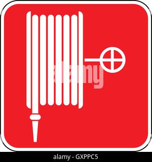 Emergency fire hose reel sign, white fire hose icon on a red square background, vector illustration. Stock Vector