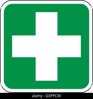 First aid poster, first aid sign, white cross on a green square background, vector illustration. Stock Vector