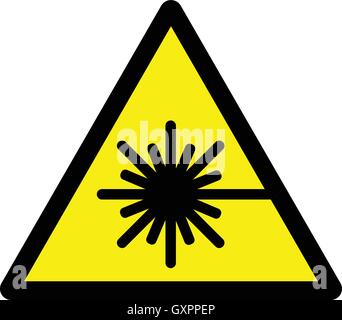 Laser beam warning sign. Yellow triangular warning sign with laser beam radiation illustration. Stock Vector