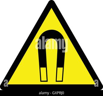 Strong magnetic field warning sign, yellow triangular warning sign with magnet illustration. Stock Vector