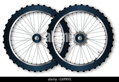 A pair of knobly tyres from a bicycle wheel with driving gear valve and spoke nipples. Stock Vector