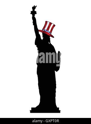 A silhouette of the Statue of Liberty wearing Uncle Sam's hat isolated over a white background Stock Vector