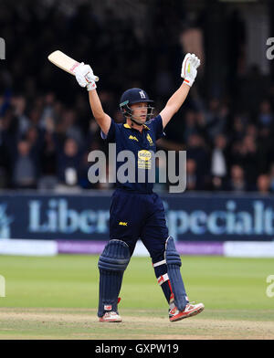 Warwickshire's Jonathan Trott raises his arms in celebration after hitting a four to win the match during Royal London One Day Cup Final at Lord's, London. Stock Photo