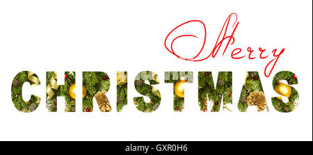 Merry Christmas letters with real xmas photo inside - Christmas banner or head decoration, isolated on white Stock Photo