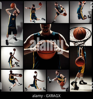 Collage of basketball photos - ball in hands and male player Stock Photo -  Alamy