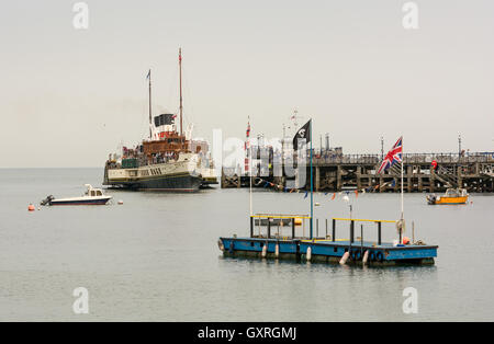 The paddle steamer Waverley, the last sea-going paddle steamer in the world, departing from Swanage Pier, Dorset, UK. Stock Photo