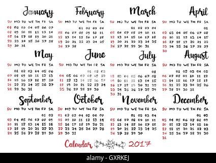 Hand drawn calendar 2017. Week starts on Sunday. Modern vector calligraphy. Months of the year lettering for your design Stock Vector