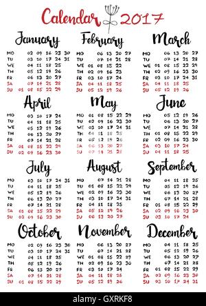 Hand drawn calendar 2017. Week starts on Monday. Modern vector calligraphy. Months of the year lettering for your design Stock Vector