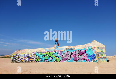 Graffiti art on old wartime pillbox on beach at Cap Ferret on Atlantic coast of France Stock Photo