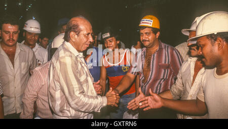 CIUDAD GUAYANA, VENEZUELA - Presidential candidate Carlos Andres Perez campaigning at SIDOR factory. October 1988 Stock Photo