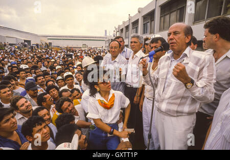 CIUDAD GUAYANA, VENEZUELA - Presidential candidate Carlos Andres Perez campaigning at Venalum plant, aluminum factory. October 1988 Stock Photo