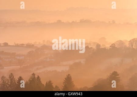 Misty and frosty winter sunrise over Dartmoor countryside near Throwleigh, Devon, England. Winter (March) 2016. Stock Photo