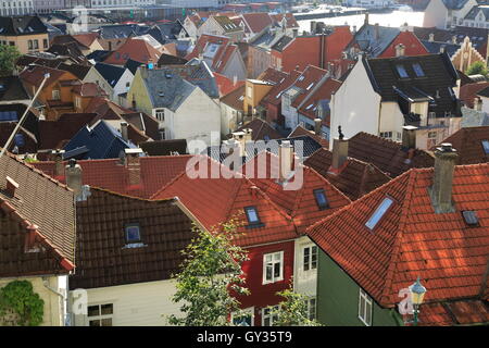Roofs of historic houses clustered together in city centre of Bergen, Norway Stock Photo