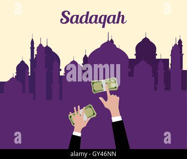 sadaqah concept moslem islam give money with hand view from top with mosque background Stock Vector