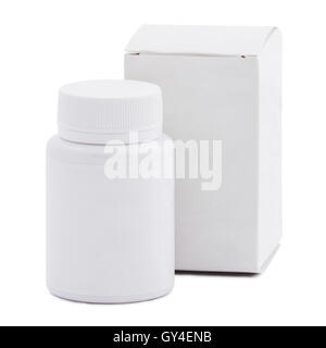 Blank white plastic medicine bottle and blank paper package box isolated over white background with clipping path Stock Photo