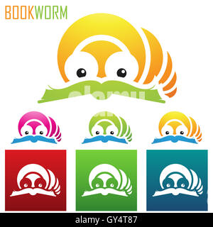 A cartoon caterpillar worm bookworm reading a book and sitting on a ...